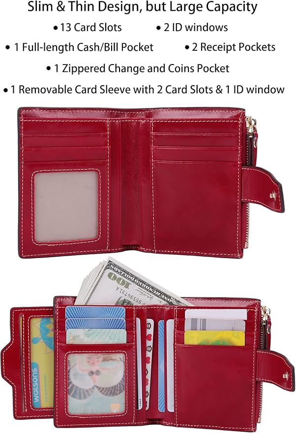 AINIMOER Women's RFID Blocking Leather Small Compact Bi-fold Zipper Pocket Wallet Card Case Purse with id Window
