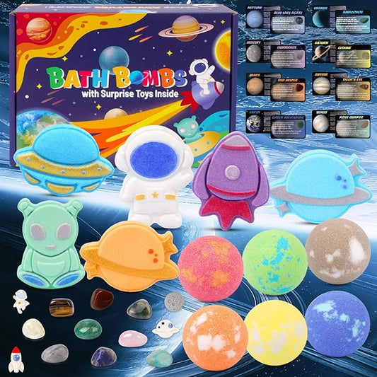 Galaxy Bath Bombs for Kids with Surprise Inside, 12pcs Planet Bath Bombs with Space Gemstones, Organic Essential Oil Bubble Bath for Kids Boys Girls Christmas Birthday Gift