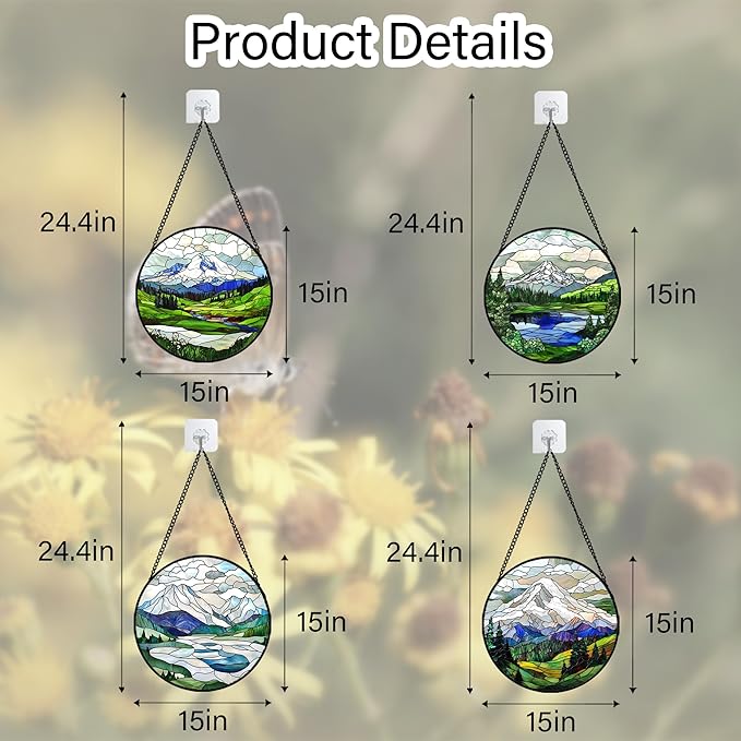 Stained Glass Window Hanging 4 Pcs Set Mountains Lake Green White Landscape Large 15" - Suncatcher Door Garden Sun Catcher Decor Birthday Christmas for Mom Woman Nana Men