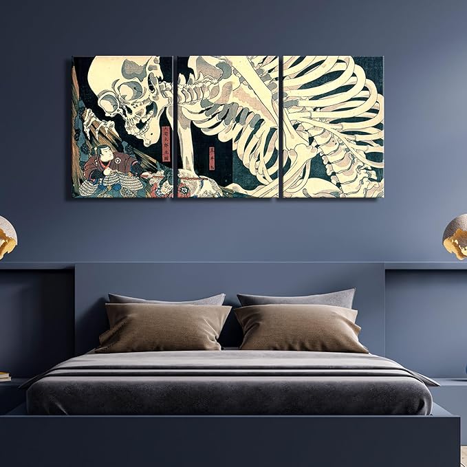 Wieco Art 3 Piece Witch and Skeleton Ukiyo-E by Utagawa Takiyasha Historic Cultural Illustrations for Living Room Bedroom Home Decorations Landscape Artwork