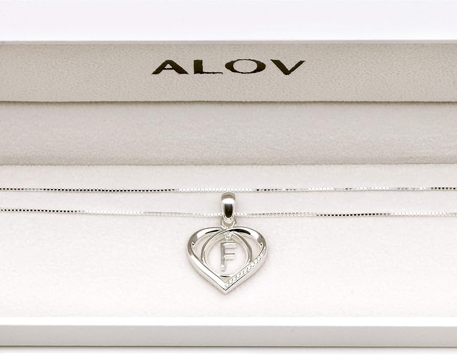 ALOV Jewelry Sterling Silver Initial Letter Alphabet Love Heart Cubic Zirconia Pendant Necklace
