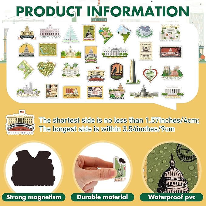 Konohan 30 Pcs Washington, D. C. Souvenirs Gifts Washington, D. C. Magnet for Refrigerator City Magnetic Refrigerator Stickers for Home Decoration