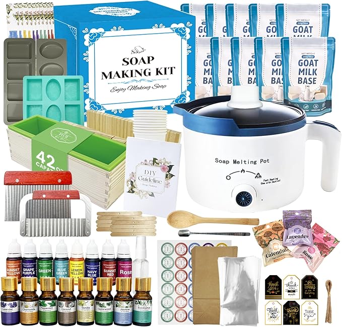 Deluxe Goat Milk Soap Making Kit for Adults, DIY Natural Soap Making Supplies Kit Included Soap Melting Pot, Goat Milk Soap Base, Dyes, Essential Oils and Supplies for Making Soaps Gift