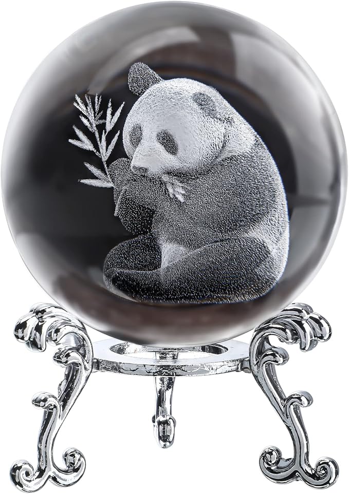 ZEERSHEE 60mm Glass Laser Engraved Panda Ball with Stand Crystal Cute Panda Collectibles Figurines Table Centerpieces Paperweights Decoration for Home Panda Gifts for Women