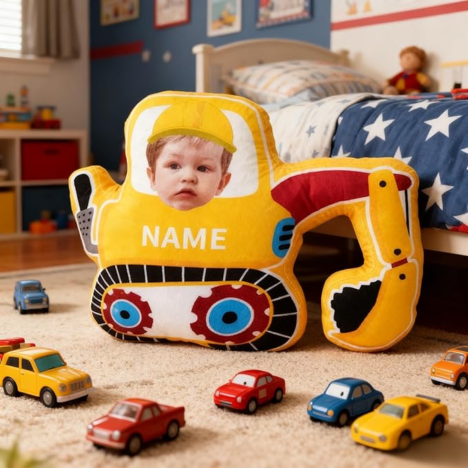 Custom Excavator Shaped Pillow with Kids Face and Name Personalized Construction Vehicle Pillow for Boys Customized Soft Plush Pillow for Room Decor Play Perfect Birthday for Kids
