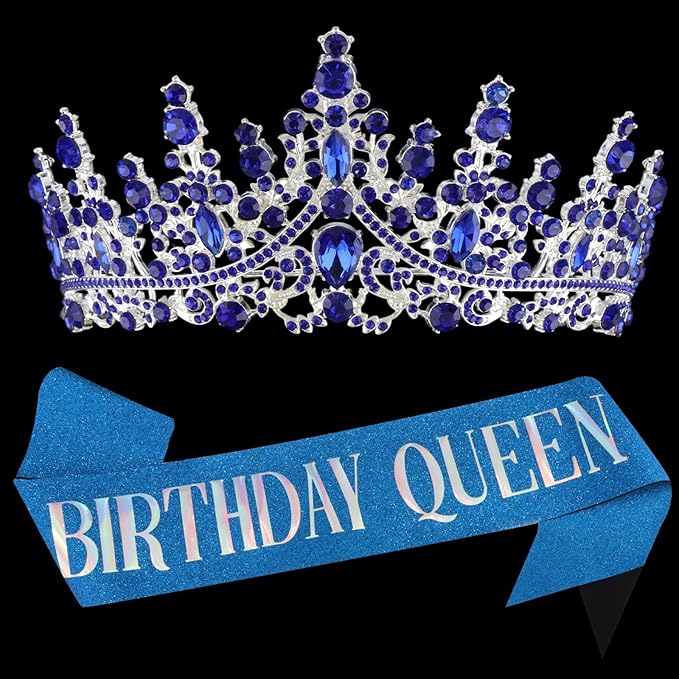COCIDE Blue Birthday Queen Sash for Women Happy Birthday Crowns Princess Tiaras Sashes for Girl Crystal Party Decorations Rhinestone Headband Supplies Decor