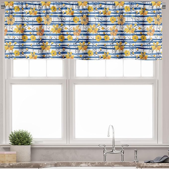 Ambesonne Floral Window Valance, Summer Inspired Expressionist Look Leafy Flower Garden with Stripes, Curtain Valance for Kitchen Bedroom Decor with Rod Pocket, 42" x 12", Mustard Cobalt Blue White