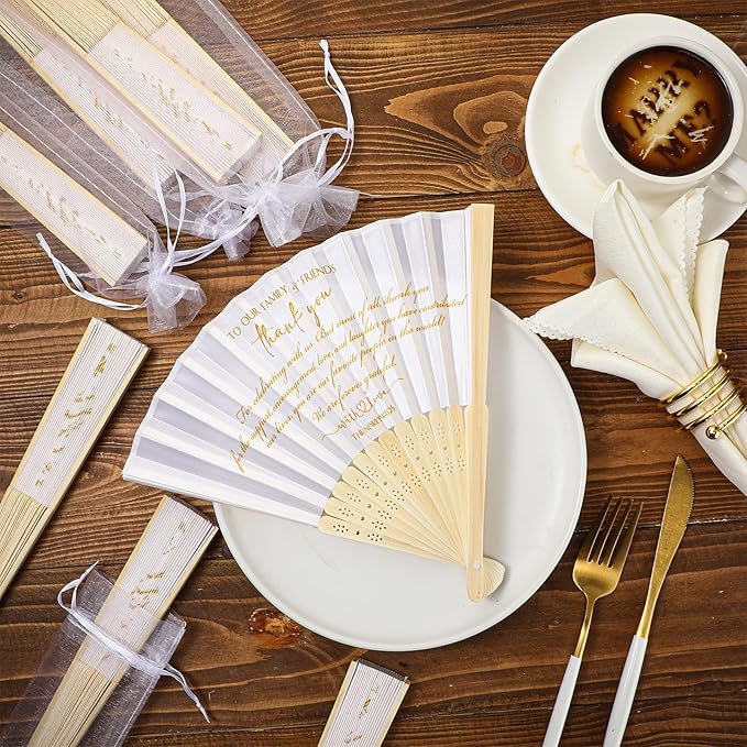Menkxi 30 Pcs Silk Fabric Folding Fans Bulk for Wedding Guests Thank You Bamboo Folded Hand Fan for Bridal Shower Decoration Favor Vintage Handheld Fans Souvenirs with Organza Bag (White,Classic)