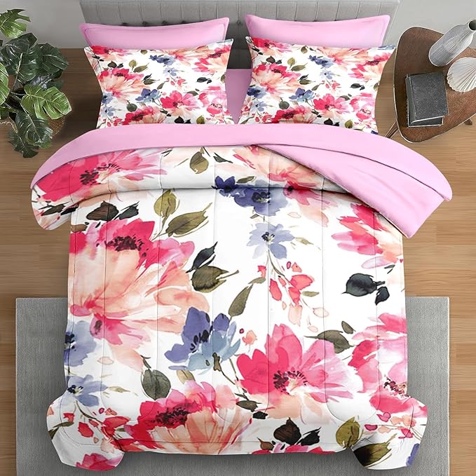 Comforter Set King Size, Flower Floral Leaf 7 Pcs Bedding for Kids and Adults, Painting Summer Spring Bed Sheet Sets with Fitted Sheet 2 Pillowcases & 2 Shams for Bedroom Bed Decor