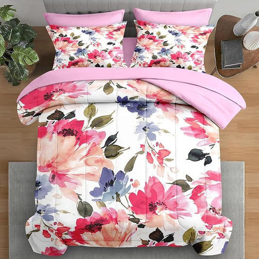 Comforter Set King Size, Flower Floral Leaf 7 Pcs Bedding for Kids and Adults, Painting Summer Spring Bed Sheet Sets with Fitted Sheet 2 Pillowcases & 2 Shams for Bedroom Bed Decor