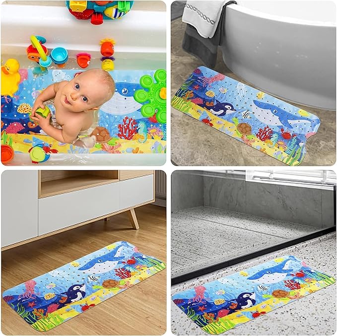 Baby Bath Mat for Tub for Kids, 40 X 16 Inch Extra Long Kids Bathtub Mat Non Slip, Cartoon Bath Tub Shower Mat Anti Slip with Drain Holes and Suction Cups Machine Washable (Whale + Dolphin, 40*16in)