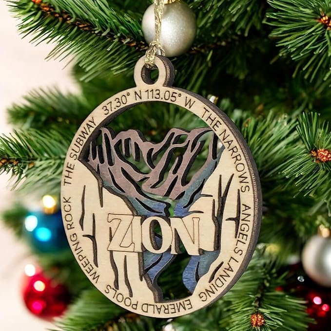 Zion National Park Natural Wood Ornament - 3" Laser Cut, 2 Layer Design, Handmade USA, Christmas Tree Decor, Scenic Landscape Souvenir
