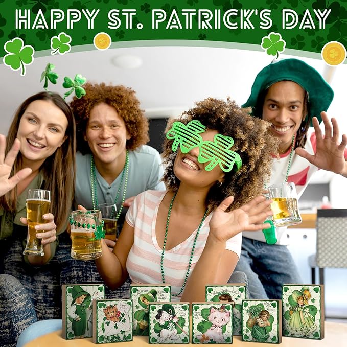 Wenqik 8 Pcs Vintage St. Patrick's Day Decorations Happy St Patrick Table Centerpieces Wooden Retro Table Ornaments St. Patrick's Day Tiered Tray Decor for Irish Home Tabletop Party Supplies, 8 Styles