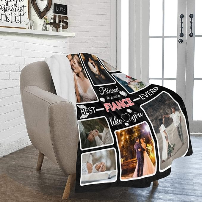 Custom Blanket Gifts for Fiance, Customized Blankets with Photos, Make a Personalized Bed Throws to My Fiance, Custom Souvenir Throw Blanket for Best Fiance Ever, 8 Collages Made in USA
