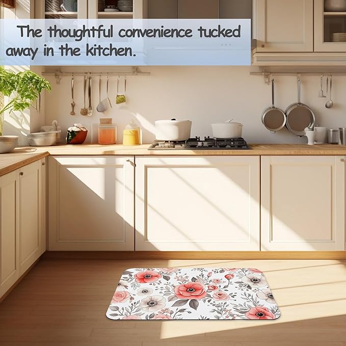 Vintage Poppy Flowers Bathroom Rug 29.5"x17", Super Absorbent Fast Drying Bath Mat with Non-Slip Rubber Backing, Thin Low-Profile Easy-Clean Bathroom Floor Mat for Shower or Tub