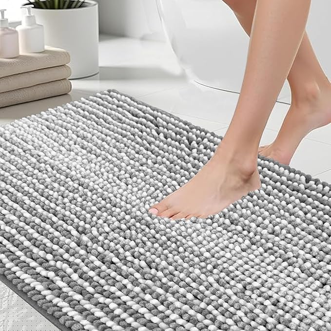 HDFK Bath Mat & Bathroom Rug - Soft XL Chenille Carpet, Machine Washable Quick-Dry Non-Slip Shower with Hot Melt Adhesive Base, Medium-Pile Striped Design for Bathtub Floor (32x20 Inch, Gray & White)