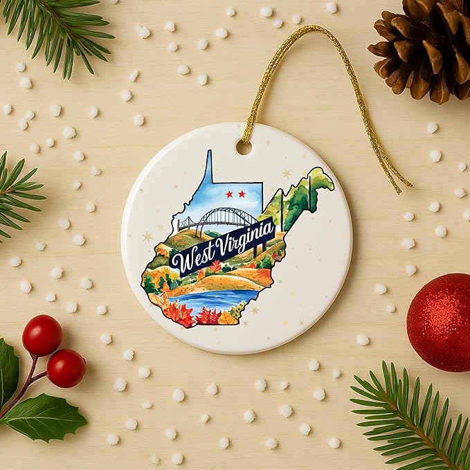 USA State Landmark Ceramic Ornament – Round Glossy Christmas Decoration Featuring U.S. State Art, Landmarks & Holiday Scenery – Collectible Travel Souvenir Ornament Series (West Virginia)