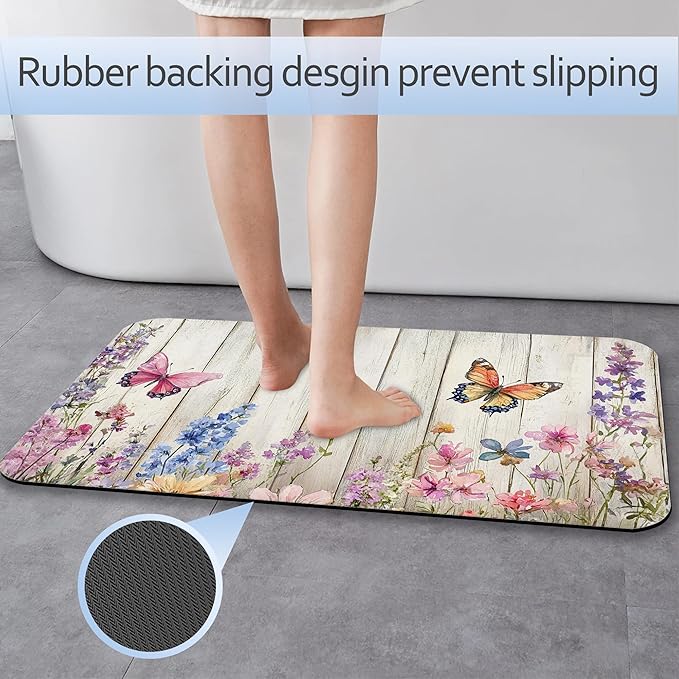 Bathroom Rug 29.5"x17",Wood Board Butterfly Flowers Super Absorbent Fast Drying Bath Mat with Non-Slip Rubber Backing, Thin Low-Profile Easy-Clean Bathroom Floor Mat for Shower or Tub