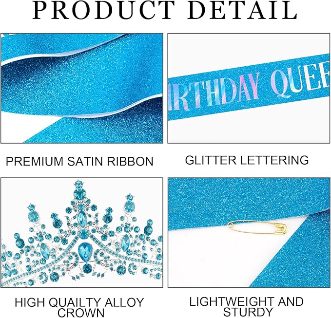 COCIDE Blue Birthday Sash and Crown for Women - Crystal Tiaras Decorations for Girl,Glitter Rhinestone Gifts Headband Sashes Decor,Coronas for Queen,Happy Birthday Accessories Party Favors