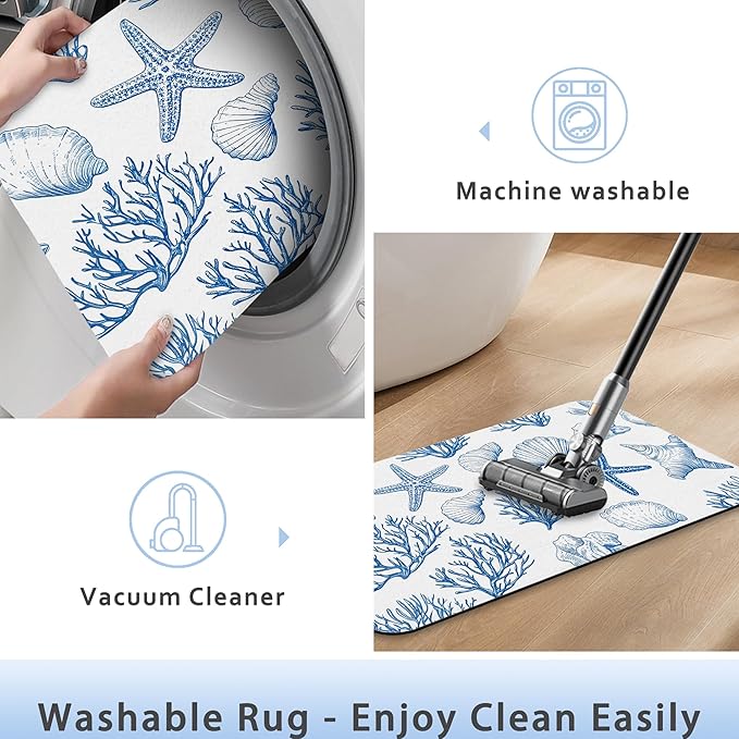 Vintage Starfish Bathroom Rug 29.5"x17", Shells Quick-Drying Super Absorbent Diatomite Bath Mat with Non-Slip Backing, Thin Washable Bathroom Floor Mat Fits Under Door for Shower, Sink, or Tub