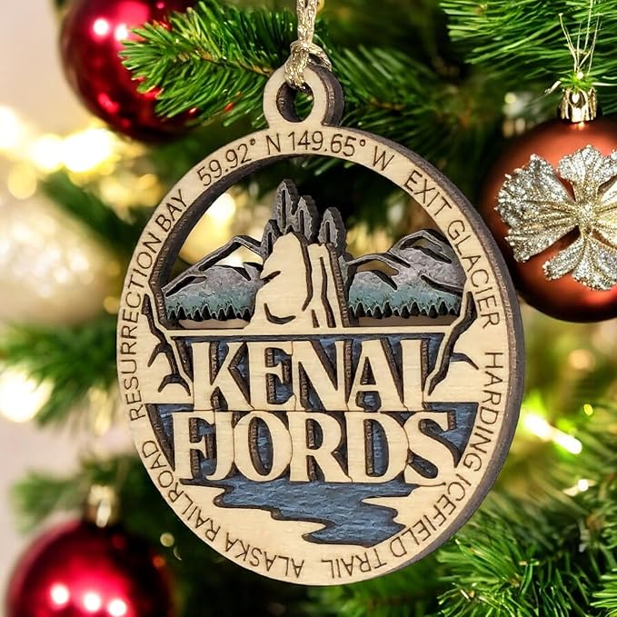 Kenai Fjords National Park 3" Wood Ornament - Handmade Alaska Souvenir with Exit Glacier Scene