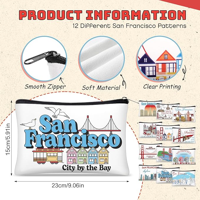 Reginary 12 Pcs City Souvenir Gifts Texas State Gifts Chicago City Souvenirs California Makeup Bag Paris San Francisco Alaska Zippered Cosmetic Bag for Women Traveler Souvenirs(San Francisco)