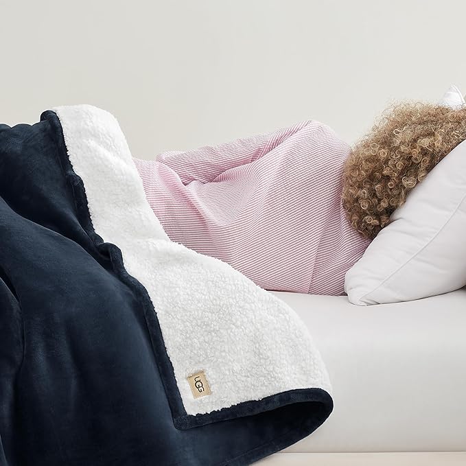 UGG Nita King/California King Blanket Fleece Fluffy Reversible Soft Fuzzy Bedding Cozy Plush Warm Oversized Blanket Machine Washable Bedroom Decor for Big Couch or Bed, 110-inch x 90-inch, Navy Blue