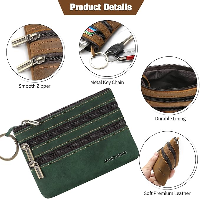 Jack&Chris Coin Purse Pouch for Men, Genuine Leather Coin Purse Zipper Pocket with Keychain Ring, Coin Bag for Men,JC301-Green