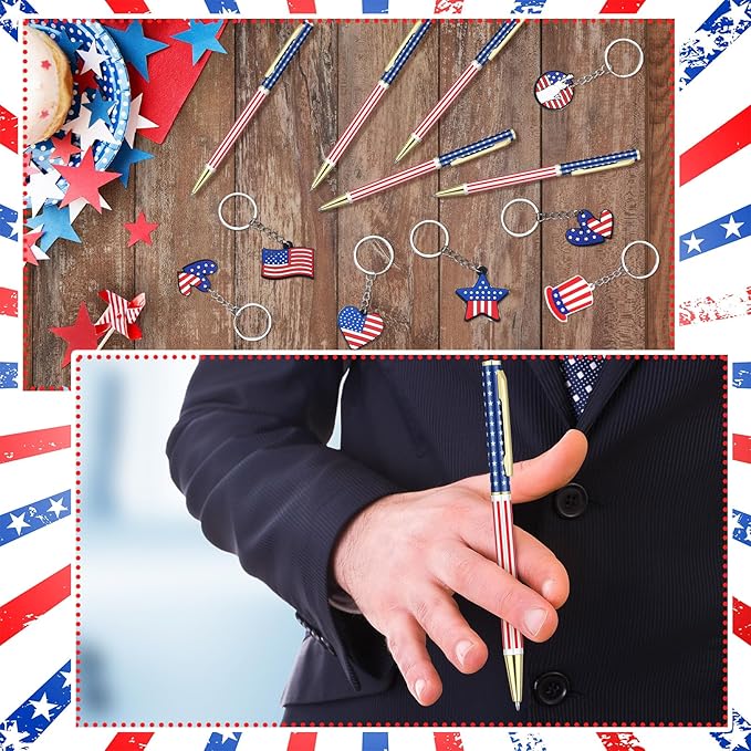 48 Pcs Independence Day Metal Ballpoint Pens American Flag Keychain Set Gold Retractable Patriotic Pens USA Flag Key Chains Office Patriotic 4th of July Party Favors for Veterans Day