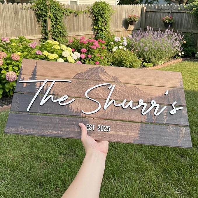 Custom Mountain Family Name Sign - Rustic Wood Wall Decor, Personalized Wedding & Gift for Couples Anniversary, Housewarming Gift for New Home 28x13" (Large)