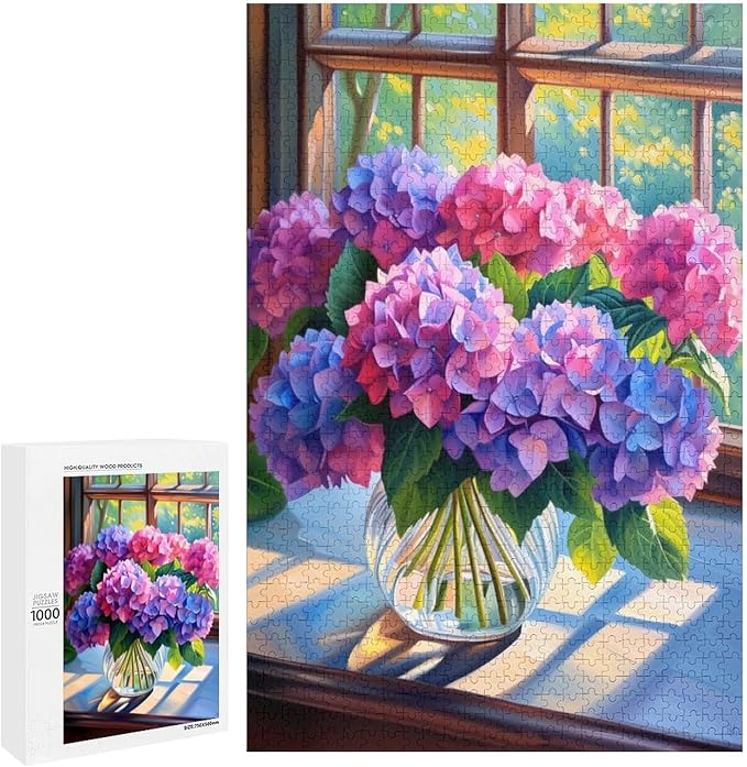 Puzzles for Adults 1000 Pieces Wooden Jigsaw Puzzle - Hydrangea Bouquet Theme Puzzle，Party Games，Family Toys，Educational Puzzles，Stress Relief Wooden Puzzle，Gifts for Family，Colleagues and Friends