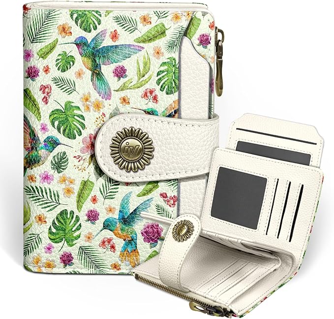 Hummingbird Small Wallet Women RFID Blocking Bifold, Cute Credit Card Holder, Zipper Coin Pocket, PU Leather, Compact, Travel, 4 ID Window, 14 Card Slots, Cash Purse, Ladies Woman Female Girls