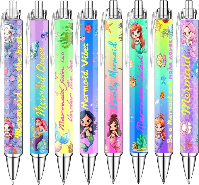 Idealmuzik Mermaid Pens for Girls – Cute Mermaid-Themed Ballpoint Pen Set for Ocean Lovers – Fun Stationery Gift for Journaling – 8 Pack