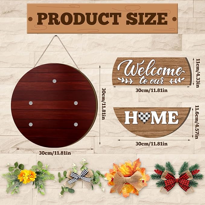 Vicenpal 22 Pcs Interchangeable Welcome Sign for Front Door with 17 Magnetic Icon Wooden Seasonal Front Porch Door Decor with 4 Seasonal Wreaths for Holiday Halloween Christmas Gift(Dark Brown,Novel)