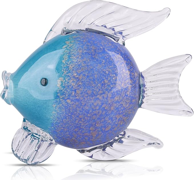 Large Glass Fish Figurines Hand Blown Glass Fish Statue and Sculpture Home Decor, Murano Animal Tropical Sea Glass Paperweights for Desk, Glass Aquarium Coastal Beach Decorative (Dark Blue)