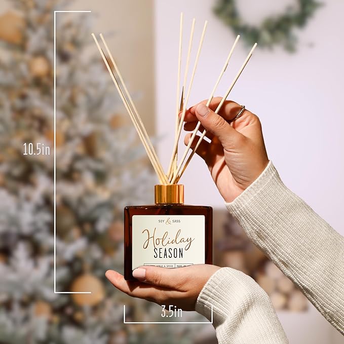 Holiday Diffuser, Holiday Reed Diffusers for Home Christmas Décor - w/Apple & Spice I Infused w/Essential Oils I 3.75 OZ Oil I Long-Lasting Scent Lasts 4-6 Month's I Made in The USA