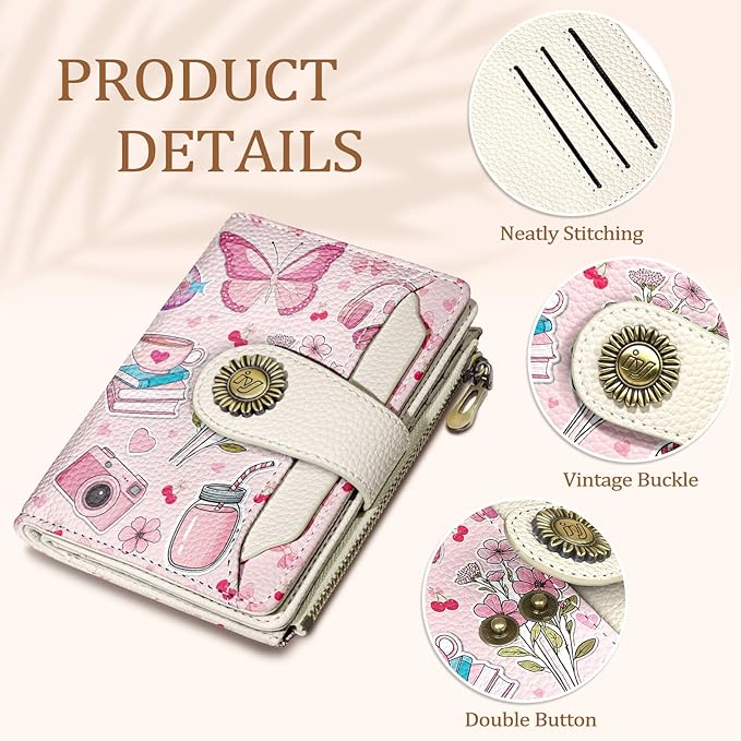 Small Wallet Women RFID Blocking Bifold Cute Credit Card Holder, Zipper Coin Pocket, PU Leather, Compact, Travel, 4 ID Window, 14 Card Slots, Cash Purse, Ladies Woman Female Girls