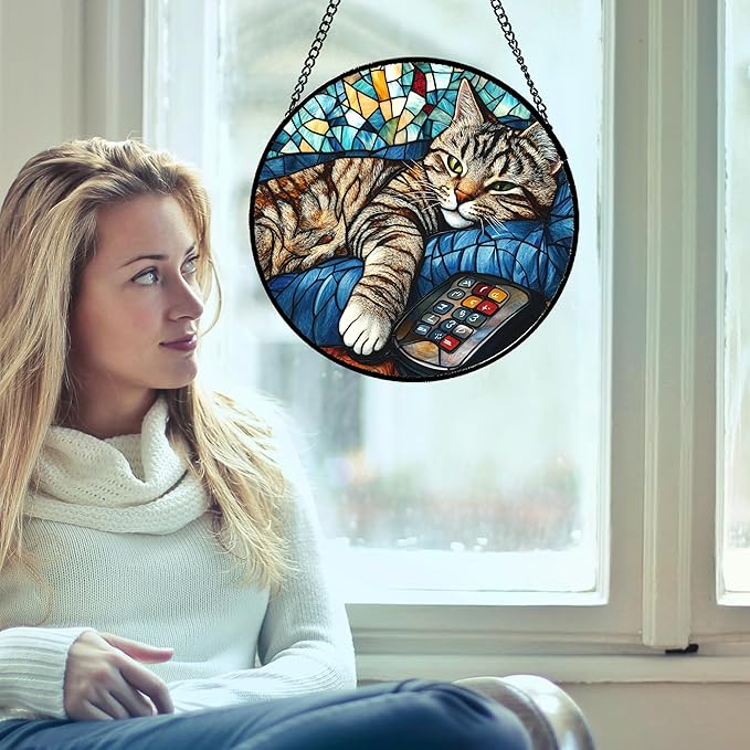 Stained Glass Window Hanging Gray Cat and Remote Control Large 15" - Suncatcher Door Garden Kitchen Sun Catcher Home Decor Birthday for Lost Pets Mom Men Woman Friend Grandma