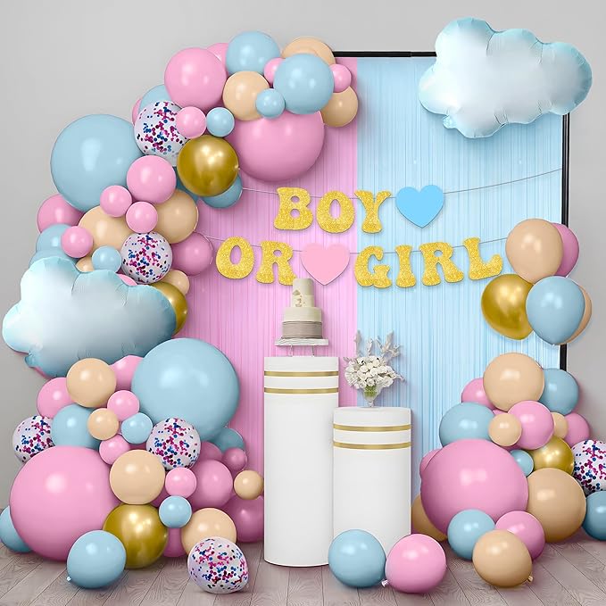 KatchOn, Gender Reveal Decorations Set - Huge, Pack of 85 | Gender Reveal Balloon Arch Kit | Pink and Blue Streamers | Boy or Girl Baby Shower Decorations | Boy Or Girl Banner, White Cloud Balloons