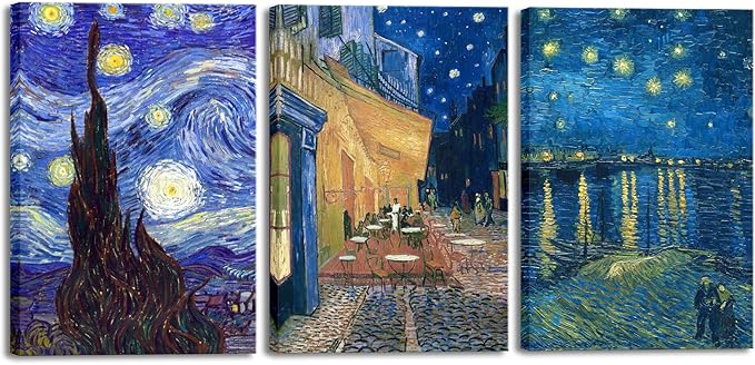 Wieco Art Large 3 Panels Canvas Prints of Vincent Van Gogh Paintings Reproduction Starry Night Over the Rhone Cafe Terrace at Night Canvas Wall Art for Living Room Home Office Decor