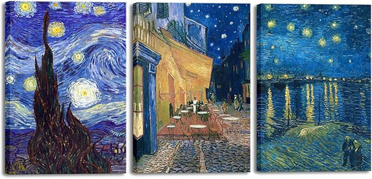 Wieco Art Large 3 Panels Canvas Prints of Vincent Van Gogh Paintings Reproduction Starry Night Over the Rhone Cafe Terrace at Night Canvas Wall Art for Living Room Home Office Decor