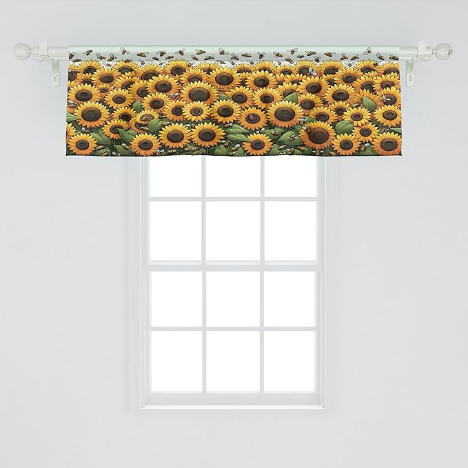 Ambesonne Sunflowers Window Valance Pack of 2, Summertime Inspired Farmhouse Floral Huddle with Leaves and Bees Print, Rod Pocket Curtain Valances Kitchen Bedroom, 54" X 18",Mustard Reseda Green