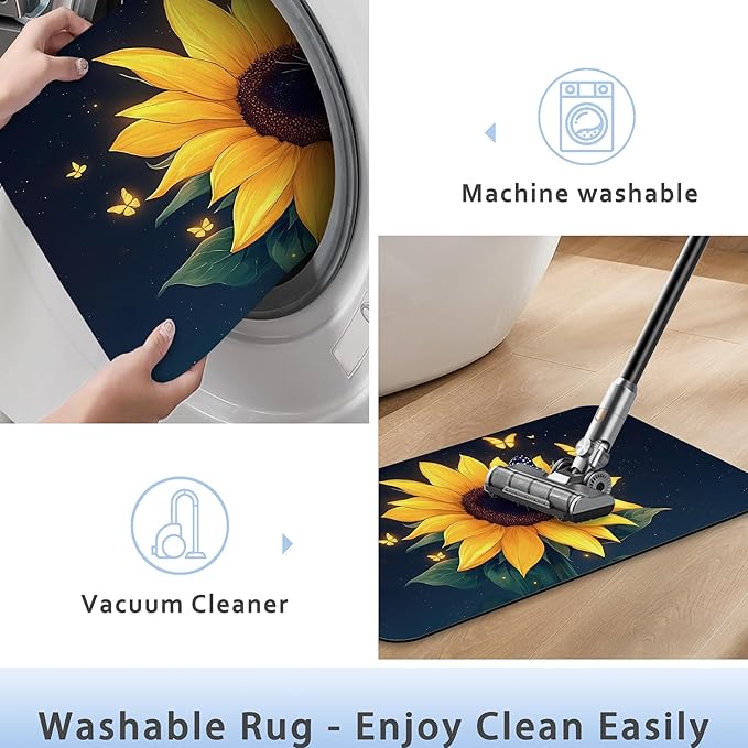 Sunflowers in The Night Sky Bath Mat 29.5"x17"Butterflies Slim Low-Profile Fast Drying Super Absorbent Bathroom Rug with Non-Slip Backing, Easy-Clean Modern Floor Mat for Tub, Shower, or Entryway