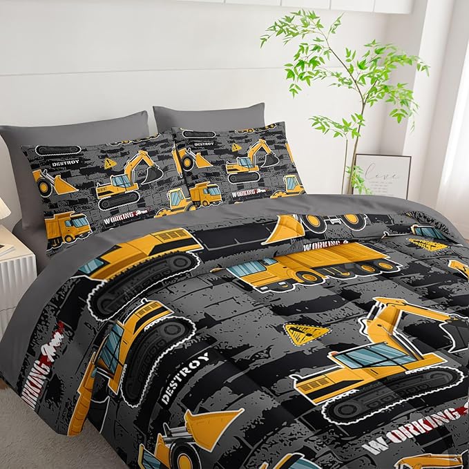 7Pcs Truck Comforter Set Engineering Vehicle Printed Bedding Set with 1 Comforter, 1 Flat Sheet, 1 Fitted Sheet and 4 Pillowcases for Boys and Girls Bedroom All Season(Twin)