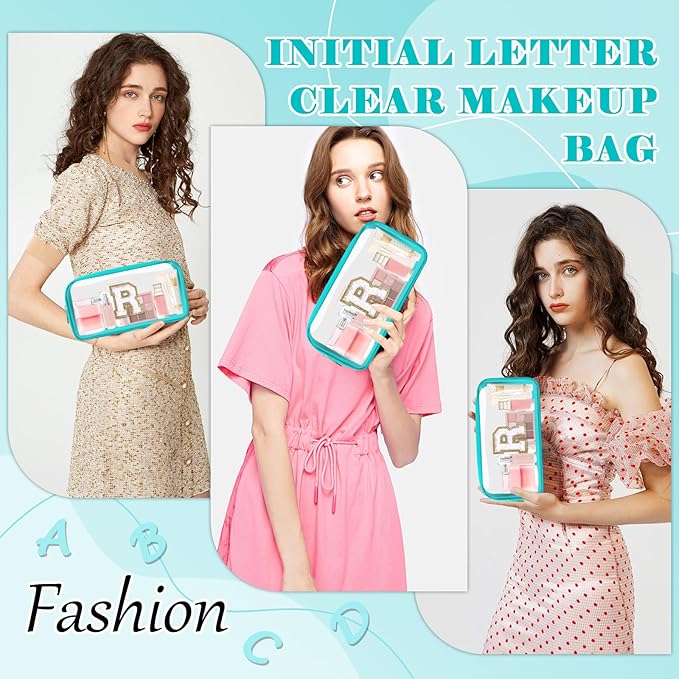 Personalized Initial Letter Clear Makeup Bag,Preppy Small Nylon&PVC Cosmetic Zipper Bag with Chenille Letter,Portable Beach Travel Skincare Toiletry Bag,Trendy Monogram Gift for Teen Girls Women,R