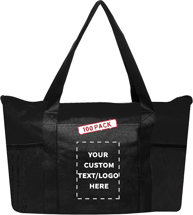 DISCOUNT PROMOS 100 Zippered Non-Woven Tote Bags Set - Customizable Text, Logo - Mesh Pocket, Zippered, Recyclable, Reusable - Black - 19"X14"X3", with Zipper
