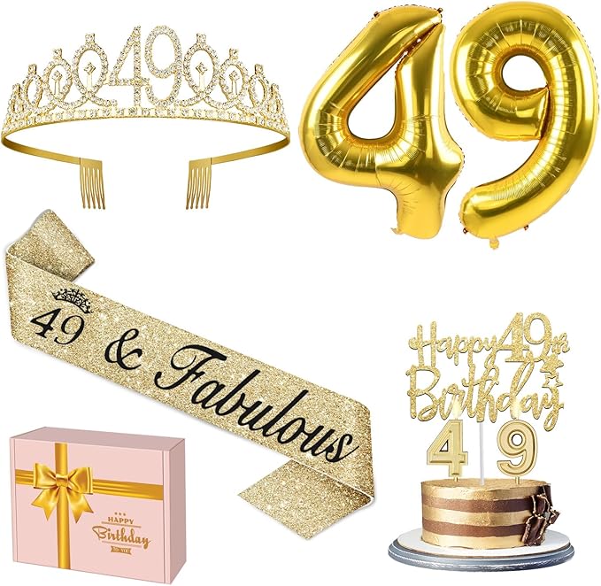49th Birthday Decorations for Women Gold with 49th Birthday Sash and Tiara, Cake Topper and Candles,Number Balloons, 49 Year Old Gifts for Women