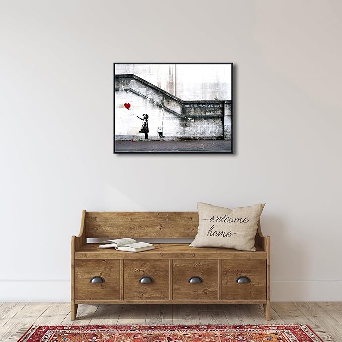 Wieco Art Framed Canvas Wall Art Giclee Canvas Prints of Banksy Grafitti Girl with Red Balloon Abstract Artwork for Wall Decor Home Decorations Black Frame BANKSY-1-6080-BF