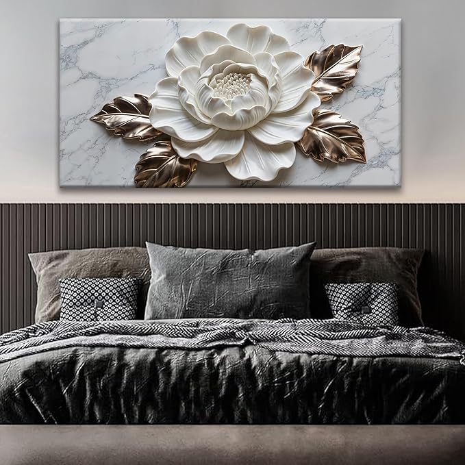 Suconvng Wall Art Living Room Marble Texture Wall Art Modern White Flower Canvas Art Wall Decor Home Wall Decor Suitable Pictures For Bedroom Apartment Office Can Be Hung 24" × 48"
