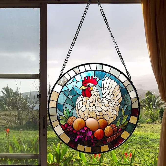 Stained Glass Window Hanging White Chicken Hatching Eggs Large 15" - Suncatcher Door Garden Sunroom Sun Catcher Home Decor Birthday Christmas for Mom Men Woman Nana